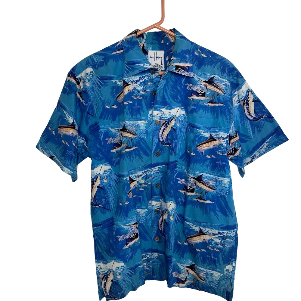 Guy Harvey blue button up‎ collared fishing shirt AFTCO marlin swordfish medium
